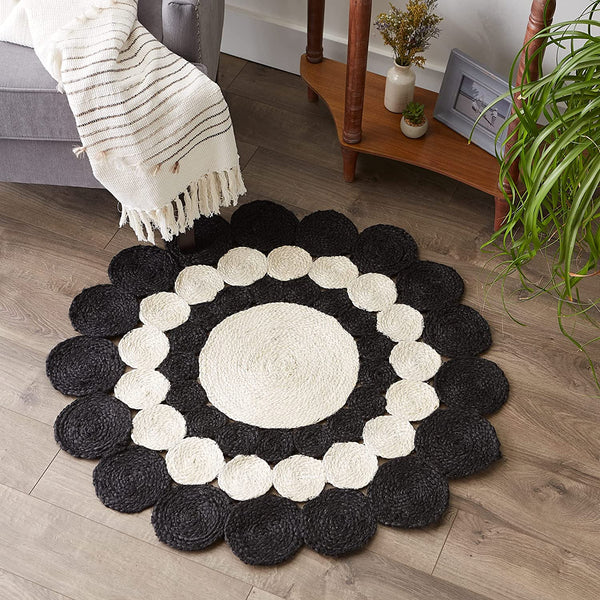 Round Circle Design Black and White Jute Rug
