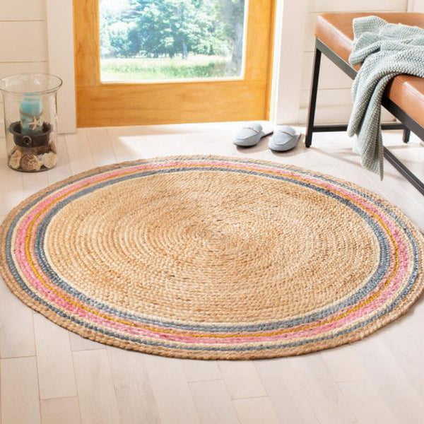 Round Colorful Circle Design Braided Jute Rug