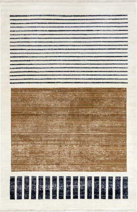 Beige Anette Block Striped Machine Made Rug