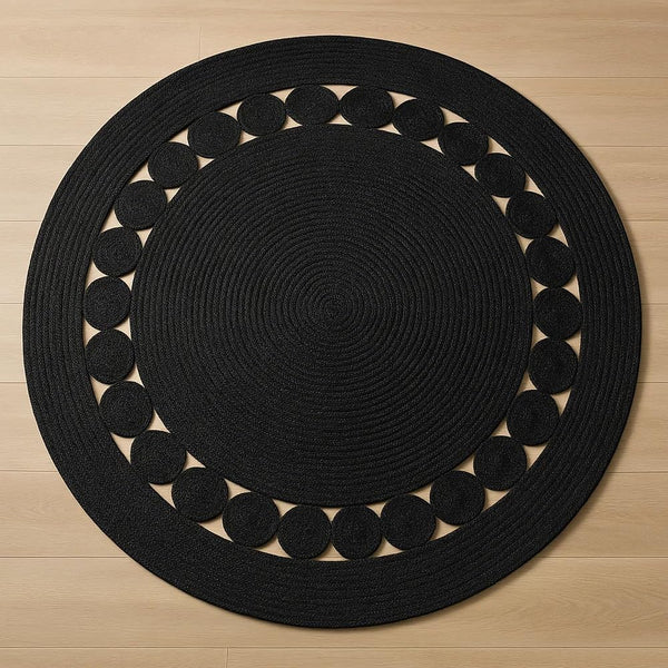 Round Boho Jute Rug with Farmhouse Charm (Black)