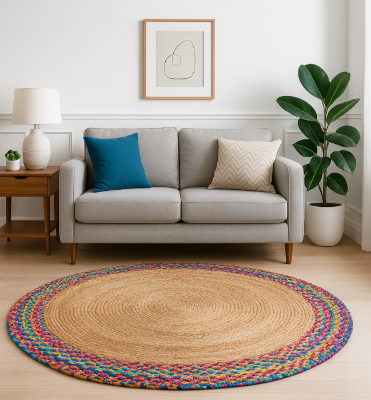 Round Multicolor Boho Braided Jute Rug
